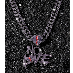 Iced-out hip hop Cuban link necklace with purple NO LOVE broken heart pendant
