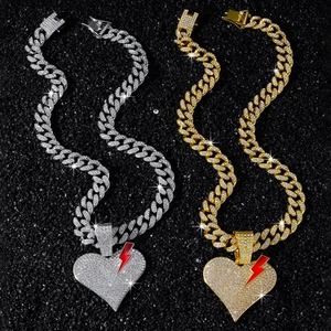Hip hop iced out broken heart pendant with lightning bolt on Cuban link chain necklace