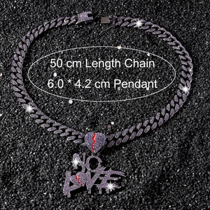 Hip hop iced out NO LOVE broken heart pendant and chain set with size dimensions