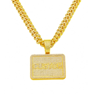 Men's hip-hop gold Cuban link chain necklace with iced out CUSTOM square pendant