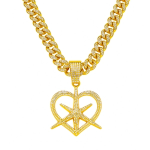 Collier maille cubaine dorée avec grand pendentif cœur ajouré pour hommes hip-hop