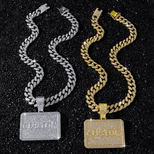 Iced out gold and silver hip hop cuban chain necklace with CUSTOM square pendant