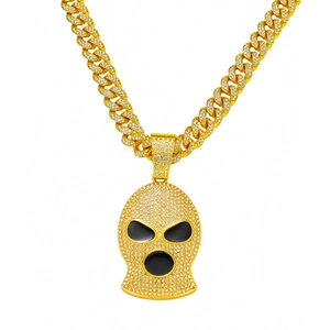 Hip-hop gold Cuban chain with iced-out ski mask skull pendant for men in street style