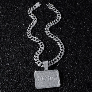 Silver iced out Cuban link necklace with custom pendant for hip hop men fashion