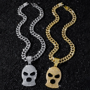 Hip hop iced out balaclava skull pendant necklace with cuban link chain in gold and silver