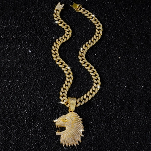 Iced Out Goldener Löwenkopf-Anhänger mit schwerer Panzerkette für Hip-Hop-Style