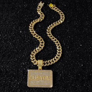 Men's Hip Hop Iced Out Rhinestone Rectangular Pendant Necklace Zinc Alloy Gold Silver Color Cuban Chain Street Jewelry Gift