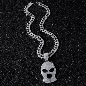Men's hip hop necklace with icy diamond skull mask pendant on a cuban chain link