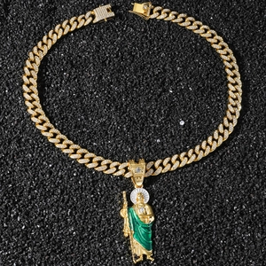 Hip hop Saint Jude pendant necklace with gold plated cuban chain and sparkling crystals