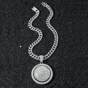 Chaîne cubaine argentée pour homme avec pendentif pièce Liberty rotatif et diamants