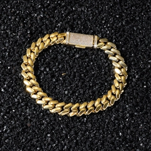 Bracelet Cuban Link en Cuivre Hip-Hop Homme Fermoir Losange Zirconia Micro-pavé Bijoux Géométriques Plaqués Or Tendance