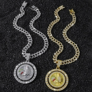 Collier hip-hop avec pendentif coq rotatif et strass brillants sur chaîne cubaine