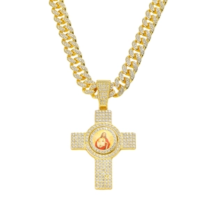 Hip Hop Rotierender Jesus Porträt Kreuz Anhänger Halskette Zinklegierung Strass Panzerkette Schmuck Für Herren