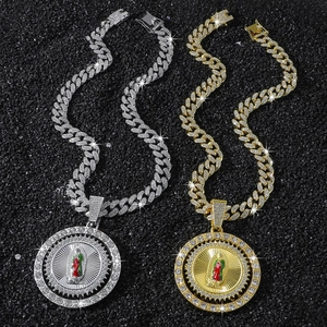Hip hop iced out Cuban link necklace with Guadalupe Virgin Mary spinning pendant