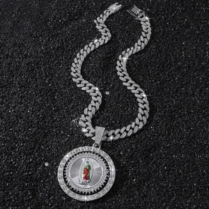 Men's hip hop silver iced out Cuban link chain with a rotating Virgin Mary pendant
