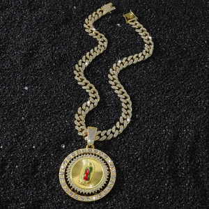 Hip Hop Men's Rotating Virgin Of Guadalupe Pendant Necklace Zinc Alloy Full Rhinestone Enamel Cuban Link Chain Religious Jewelry