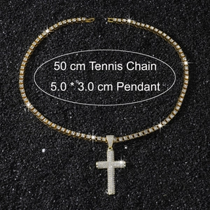 Macro shot of gold hip hop tennis chain and iced-out cross pendant with 50cm length info