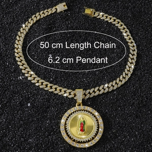 Macro shot of 50cm golden Cuban chain with 6.2cm iced-out Virgin Mary pendant detail