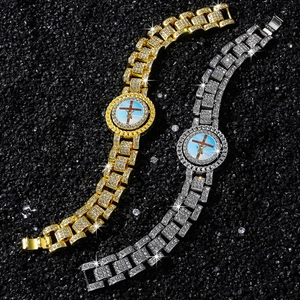Bracelets hip hop sertis de cristaux avec breloque croix de Jésus rotative en or et argent