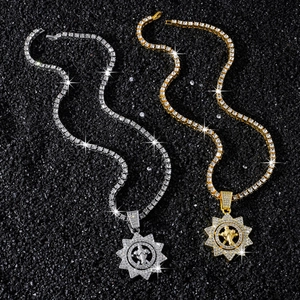 Hip hop tennis chain set with spinning star cross pendants in gold and silver finish