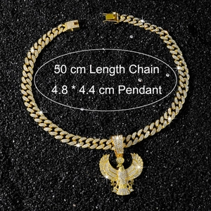 Detailed hip hop eagle pendant with full diamonds and 50cm cuban chain on black background