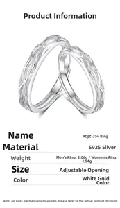 Macro shot of ripple textured S925 silver couple rings with adjustable band and product specs