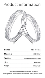 Detailed specs of S925 silver couple rings with water ripple texture and resizable bands