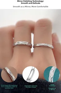 Detail of S925 silver wavy couple ring featuring adjustable open design and mirror polish