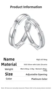 Detailed spec card of S925 sterling silver couple rings with cubic zirconia pavé stones