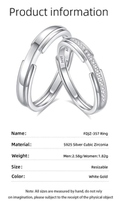 Detailed view of adjustable S925 sterling silver couple rings with cubic zirconia