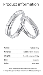 Détail de bagues de couple en argent S925 ajustables avec fiches techniques produits