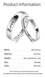 Detail view of adjustable S925 sterling silver couple rings with Love engraved lettering
