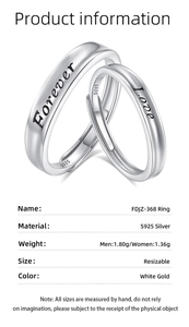 Macro detail of S925 sterling silver couple rings showing Forever Love engraving