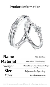 Detailed specs for S925 sterling silver couple rings showing wave texture and solitaire CZ