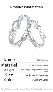 Detail view of S925 sterling silver branch rings with weight and adjustable size specs