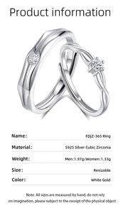 Detailed view of S925 sterling silver couple rings with cubic zirconia and adjustable band
