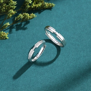 S925 sterling silver couple rings set with elegant sparkling zircon stones and adjustable band