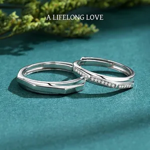Bagues de Couple en Argent Sterling 925 Géométriques Réglables Incrustées de Zircone Amour Éternel Alliance Bijoux Cadeau