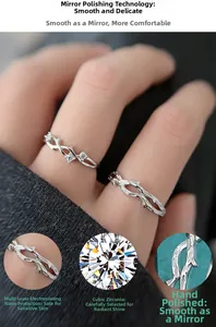 Detail of S925 silver twig rings with cubic zirconia and mirror polished finish