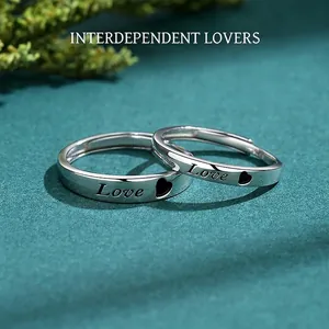 925 Sterling Silver Couple Rings Adjustable Love Lettering Heart Engraved Polished Silver Ring Set For Lovers Anniversary Jewelry