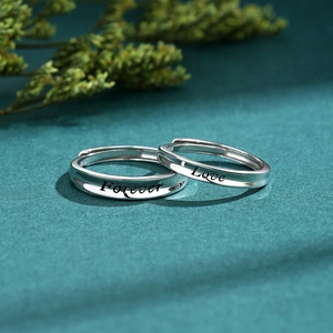 S925 sterling silver adjustable couple rings engraved with Forever Love on green background
