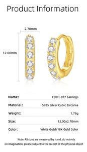 Detail view of S925 silver hoop earrings with dimensions 12x2.7mm and cubic zirconia