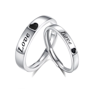 S925 sterling silver adjustable love heart couple rings with polished metal finish