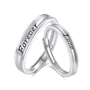 S925 sterling silver adjustable couple rings with Forever Love engraving on white background
