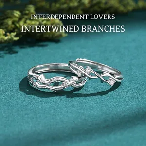 925 Sterling Silver Couple Rings Intertwined Branch Resizable Open Finger Rings CZ Inlaid Jewelry Valentine Gift Natural