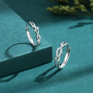 S925 sterling silver branch couple rings with zircon stones and adjustable open band