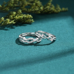 Minimalist S925 sterling silver couple rings with nature-inspired branch texture and stones