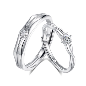 Adjustable S925 sterling silver couple rings with wave patterns and solitaire diamonds