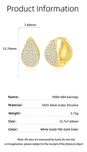 Detail showing S925 silver gold teardrop earrings with pave zircon and dimensions