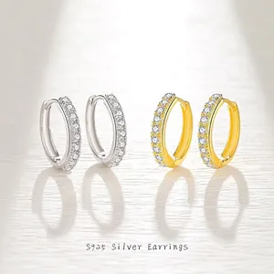 925 Argento Sterling Orecchini a Cerchio Micro Intarsiato Bianco Zirconia Fila Diamanti Minimalista Geometrico Fibbia Donna Gioielli
